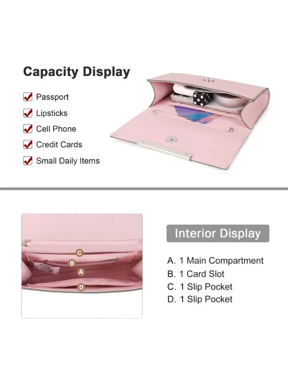 Women’s Light Pink Clutch Purses Wristlet Vegan Leather Formal Evening Bag
